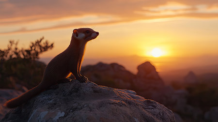 A stunning silhouette of a mongoose perched on a rock, gazing at a vibrant sunset. The scene captures the tranquil beauty of nature during dusk with warm tones.の素材