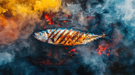 A beautifully grilled fish rests on a smoky barbecue, surrounded by vibrant flames, showcasing the art of outdoor cooking and culinary creativity.の素材