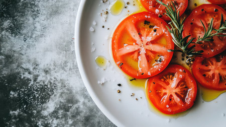 A beautiful presentation of fresh tomato slices drizzled with olive oil, highlighted with rosemary and sea salt, perfect for healthy meals.の素材