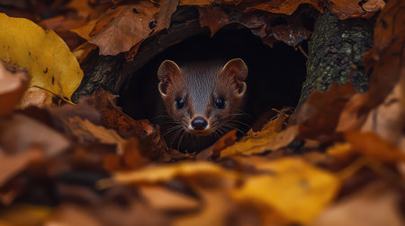 A small curious animal emerges from a hollow log, surrounded by vibrant autumn leaves, creating a picturesque scene in a serene forest setting.の素材