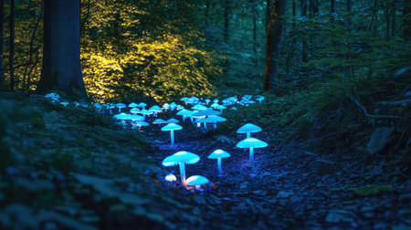 Discover a tranquil forest pathway adorned with glowing blue mushrooms, creating a dreamlike atmosphere under tall trees. Experience nature's enchantment.の素材