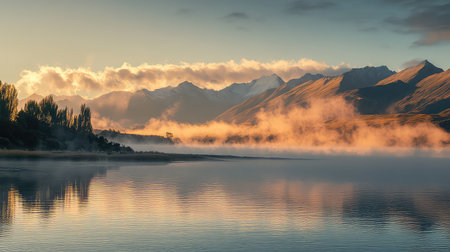 A breathtaking view of a tranquil lake at dawn, enveloped in soft mist with majestic mountains looming in the background, creating a serene atmosphere.の素材