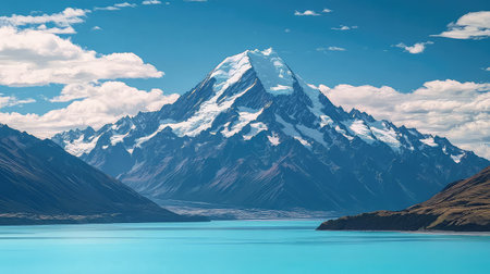 A breathtaking view of a majestic snow-capped mountain rising under a vibrant blue sky, reflecting in the tranquil turquoise lake below, showcasing nature's beauty.の素材