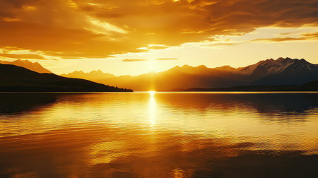 A stunning sunset illuminates a mountain lake with golden hues, creating a perfect reflection. The scene captures tranquility and natural beauty, inviting viewers to immerse in peaceful surroundings.の素材