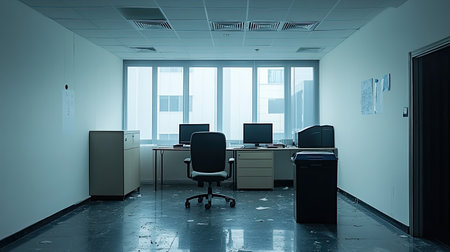 An empty office space featuring desks and chairs under soft lighting, invoking a sense of isolation and minimalism in a corporate environment.の素材