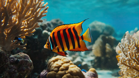 A stunning view of a vibrant tropical fish swimming gracefully through a colorful coral reef, showcasing the beauty and diversity of underwater life.の素材