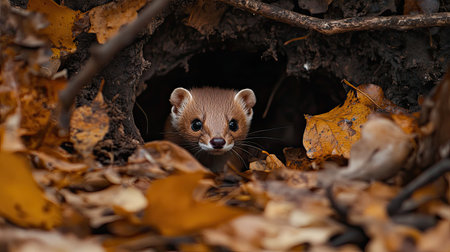A small mammal curiously peeks out from its burrow in a woodland area, surrounded by vibrant autumn leaves. The scene captures the essence of wildlife.の素材