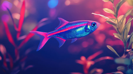A stunning image capturing a bright neon fish gracefully swimming amidst vibrant underwater plants, showcasing the beauty of marine life in an aquarium setting.の素材
