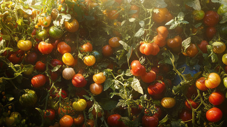 An array of fresh, vibrant tomatoes in various colors hangs from lush green vines. The warm sunlight highlights the rich textures and healthy growth, showcasing a perfect harvest from nature's bounty.の素材