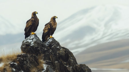 Stunning image of two golden eagles confidently perched on rocks, overlooking a serene, snowy mountain landscape, showcasing nature's beauty and power.の素材