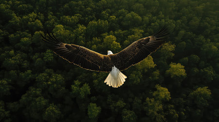 A captivating view of an eagle gliding gracefully over a verdant forest, illuminated by the warm hues of golden hour. The bird's wings spread wide, embodying freedom and strength in nature's serene environment.の素材