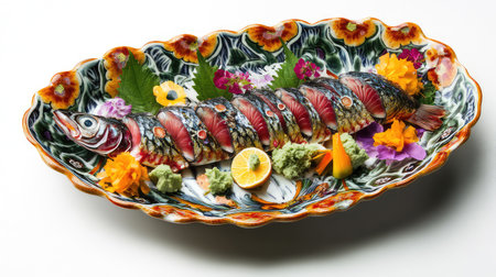 An exquisite sashimi platter featuring beautifully sliced fresh fish, garnished with herbs, wasabi, lemon, and vibrant edible flowers for a stunning presentation.の素材