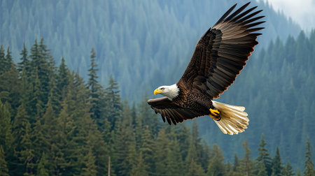 A majestic bald eagle gracefully soars over an evergreen forest, showcasing its impressive wingspan against a backdrop of serene nature. This image captures the essence of wildlife in its natural habitat, symbolizing freedom and strength.の素材