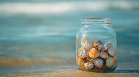 A stunning glass jar filled with a variety of shells collected from a peaceful beach, set against a backdrop of gentle ocean waves. Perfect for nature lovers.の素材