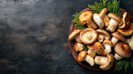 A visually appealing arrangement of assorted fresh mushrooms on a rustic wooden plate surrounded by vibrant greenery, set against a dark background.の素材