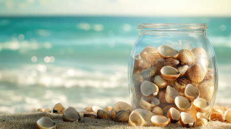A glass jar filled with assorted seashells rests on a sandy beach, with gentle ocean waves and a bright sunny sky creating a serene coastal scene.の素材