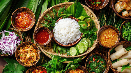 A captivating overhead view of a beautifully arranged rice dish, complemented by fresh herbs, spices, and vibrant sauces, celebrating culinary tradition.の素材