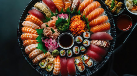 A stunning display of sushi and sashimi artfully arranged on a platter, perfect for gatherings and culinary celebrations. Ideal for food lovers.の素材