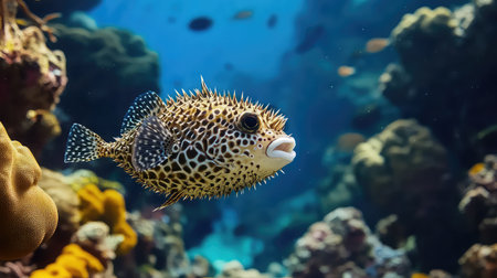 A striking image of a spotted pufferfish gracefully swimming amidst a lush coral reef, showcasing the vibrant colors and diversity of marine life in clear waters.の素材