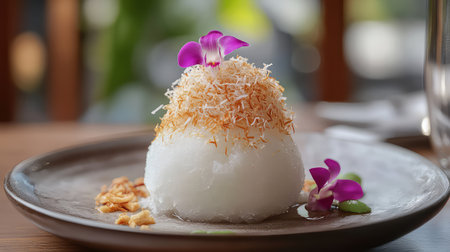 A beautifully presented dessert featuring coconut topping and garnished with an orchid flower sits elegantly on a wooden plate, perfect for gourmet dining.の素材