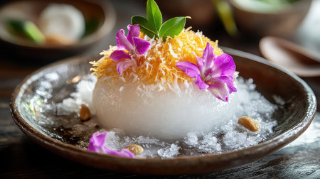 This artistic dessert features a delicate coconut mousse topped with vibrant edible flowers and crunchy accents, elegantly presented on a rustic plate.の素材