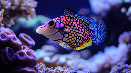 A stunning vibrant fish swimming gracefully through a colorful coral reef, showcasing the beauty and diversity of marine life in this enchanting underwater scene.の素材