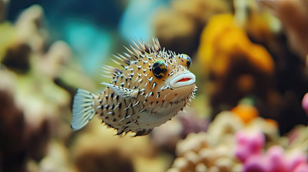 A mesmerizing spotted fish gracefully swims through a vibrant coral reef, showcasing the beauty of marine life in a serene underwater environment.の素材
