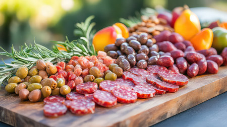 A vibrant charcuterie board showcasing a mix of cured meats, various cheeses, fresh fruits, and nuts arranged beautifully on a wooden platter.の素材