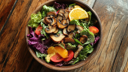 A vibrant and fresh salad featuring tender mushrooms, juicy cherry tomatoes, and a citrus slice, arranged beautifully in a wooden bowl. Perfect for healthy meals.の素材