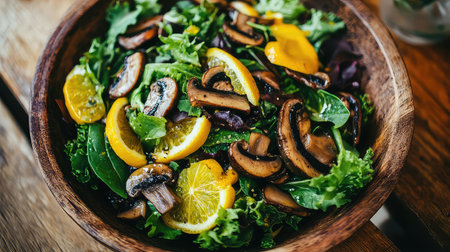 A visually appealing salad featuring mushrooms and oranges, combined with fresh greens in a rustic wooden bowl. Perfect for healthy dining.の素材