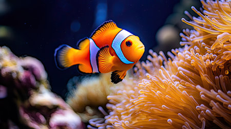 A clownfish swims gracefully among colorful coral. This underwater scene showcases the vibrant marine life and beauty of the ocean ecosystem.の素材