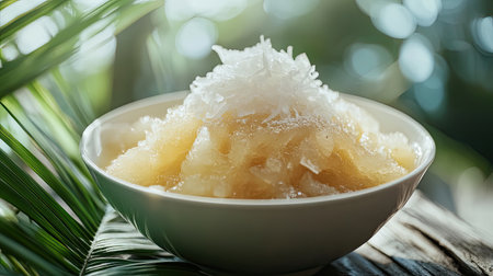 A beautifully arranged bowl filled with a fresh tropical fruit dessert topped with shredded coconut, set against a lush green background, perfect for summer.の素材