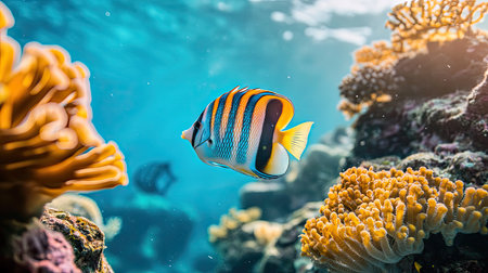A stunning butterfly fish glides gracefully through a colorful coral reef, showcasing the beauty of underwater marine life, vibrant colors, and serene nature.の素材