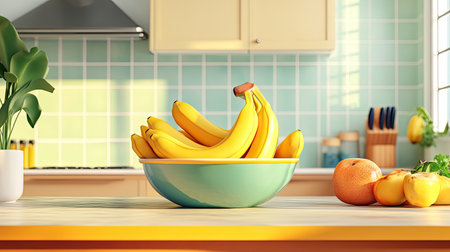 A picturesque scene showcasing a bowl of fresh bananas on a kitchen counter, surrounded by oranges and a touch of natural light, exemplifying healthy living.の素材