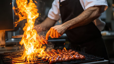 A skilled chef expertly grills sausages on a barbecue, showcasing a dramatic burst of flames and smoke in a bustling restaurant kitchen atmosphere.の素材
