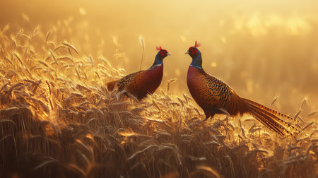 Two vibrant pheasants stand elegantly amidst a golden wheat field, bathed in warm morning light, creating a serene and captivating nature scene.の素材