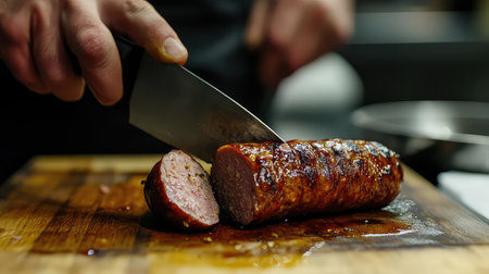 A chef skillfully slices a perfectly grilled sausage on a wooden cutting board, highlighting the textures and colors in a bustling kitchen environment.の素材
