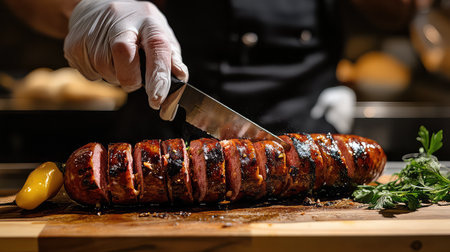 A chef skillfully slices a perfectly grilled sausage on a wooden board in a contemporary kitchen, showcasing culinary expertise and fresh ingredients.の素材