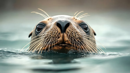 A stunning close-up of a seal's head emerging from the water, showcasing its expressive eyes and fine whiskers, capturing the essence of wildlife.の素材