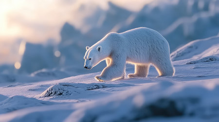 A breathtaking scene featuring a solitary polar bear wandering through a pristine snowy landscape, radiating tranquility amidst stunning winter scenery.の素材
