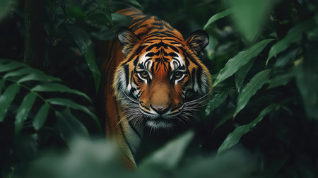 A breathtaking close-up of a tiger in its natural habitat, revealing its intense gaze and striking stripes amid vibrant green foliage, showcasing the beauty of wildlife.の素材