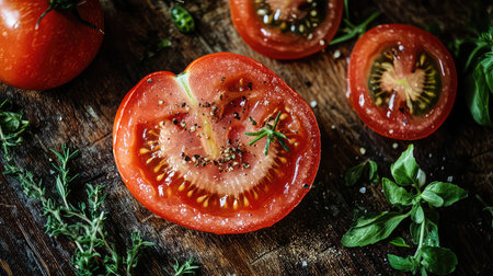 This close-up image features a freshly cut tomato on a rustic wooden board, surrounded by herbs and spices. Ideal for culinary inspiration and healthy recipes.の素材