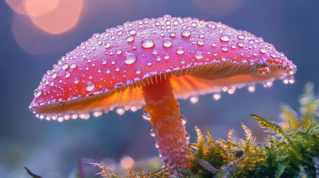 This stunning close-up of a vibrant red mushroom adorned with dew drops showcases nature's beauty in a soft-focused forest setting.の素材