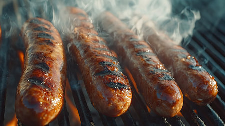 Juicy sausages sizzling on a barbecue grill, surrounded by smoke and flames, creating an enticing and flavorful cooking scene perfect for summer gatherings.の素材