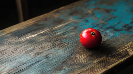 A vibrant red tomato rests on a rustic wooden table featuring a teal background, showcasing the natural beauty and simplicity of fresh produce.の素材
