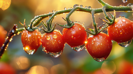 A close-up view of vibrant red tomatoes adorned with glistening water droplets. The soft sunlight enhances the natural beauty, perfect for food lovers.の素材