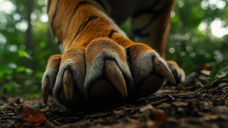 This striking close-up depicts a tiger's paw with sharp claws resting on the forest floor, showcasing the raw power and beauty of wildlife in its natural habitat.の素材