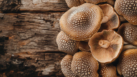 This image features a close-up view of fresh mushrooms on a rustic wooden background, highlighting their intricate textures and earthy colors. Perfect for food-related projects.の素材