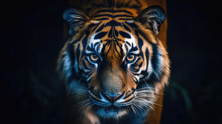 This captivating image showcases a Bengal tiger staring directly at the viewer, highlighting its distinctive orange and black stripes with a dark backdrop, radiating strength and beauty.の素材