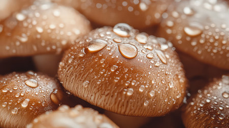 This close-up image showcases fresh brown mushrooms adorned with delicate water droplets, highlighting their natural texture and earthy appeal. Perfect for culinary themes.の素材